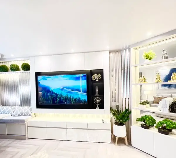Modern living room with sleek decor and built-in TV unit