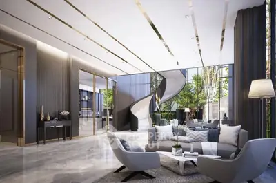 Luxurious modern living room with elegant spiral staircase and floor-to-ceiling windows.