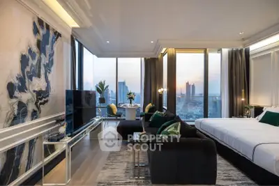 Luxurious modern living room with panoramic city views and elegant decor