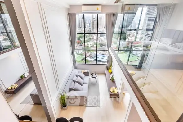 Luxurious modern loft with floor-to-ceiling windows and stunning city view