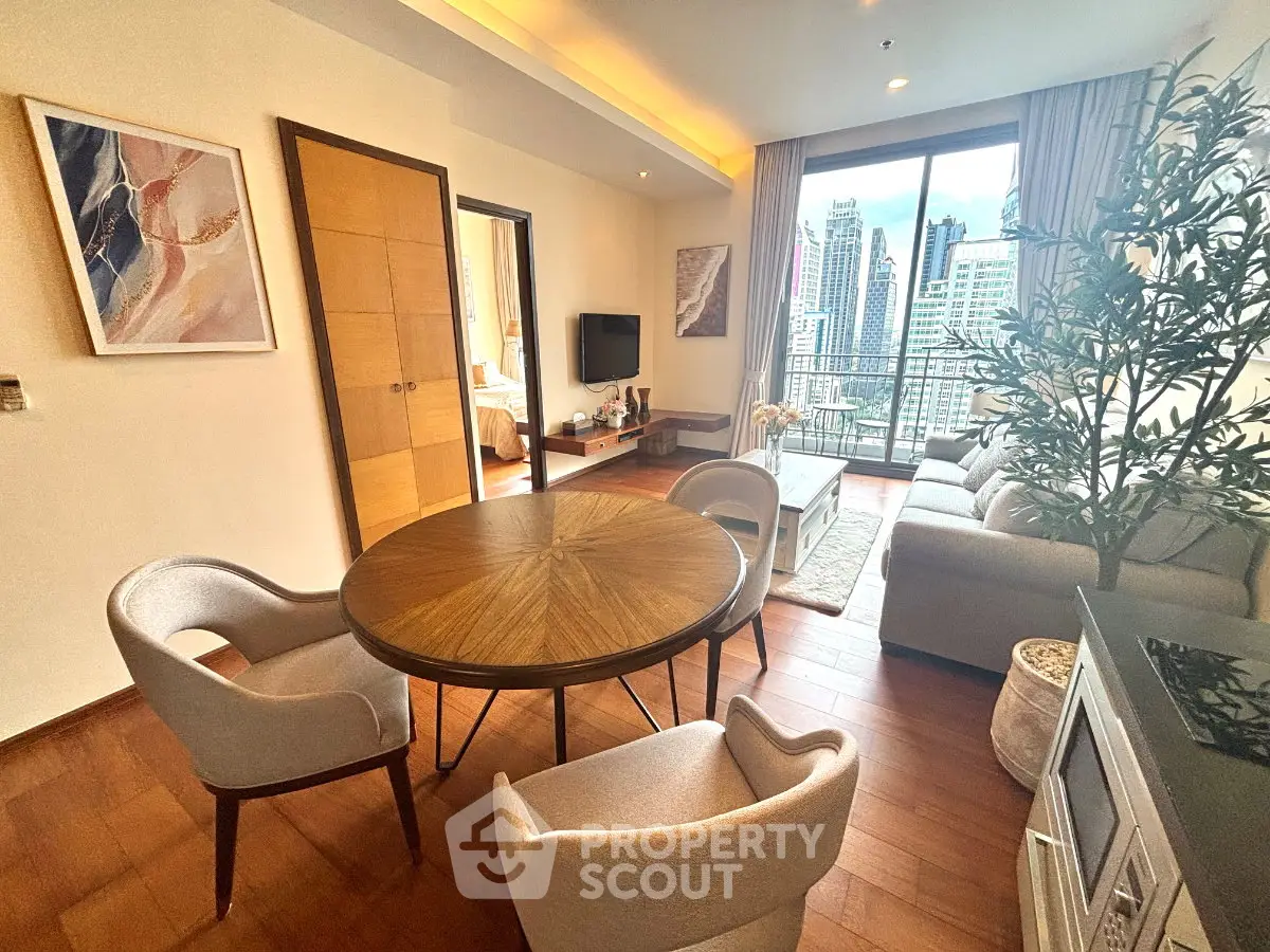 Spacious living room with elegant decor and city view balcony in modern apartment.