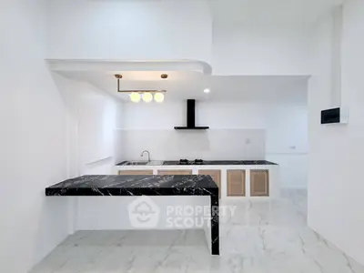 Modern kitchen with sleek black marble countertops and open layout design