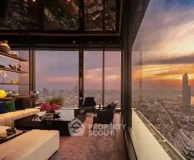 Luxurious living room with panoramic city view and elegant decor at sunset.