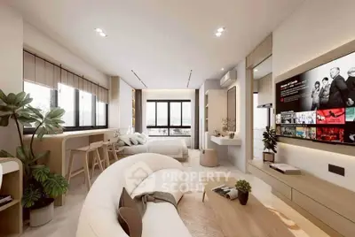 Modern open-plan living room with stylish decor and large windows offering natural light.