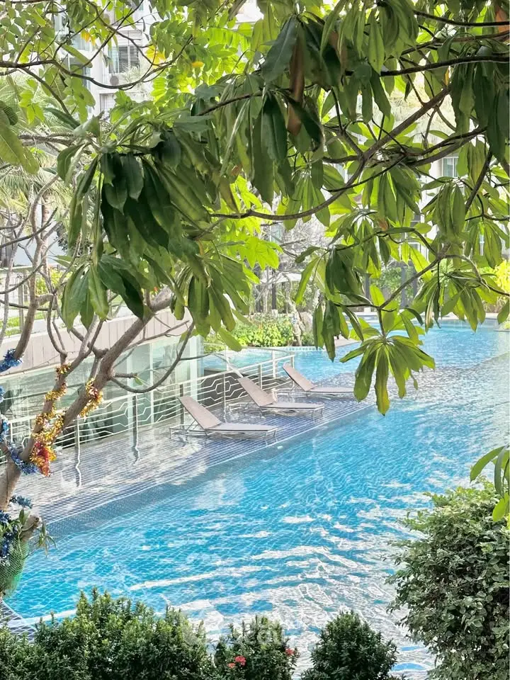 Luxurious residential pool surrounded by lush greenery, offering a serene escape.