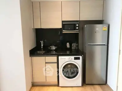 Modern compact kitchen with sleek appliances and wooden cabinetry