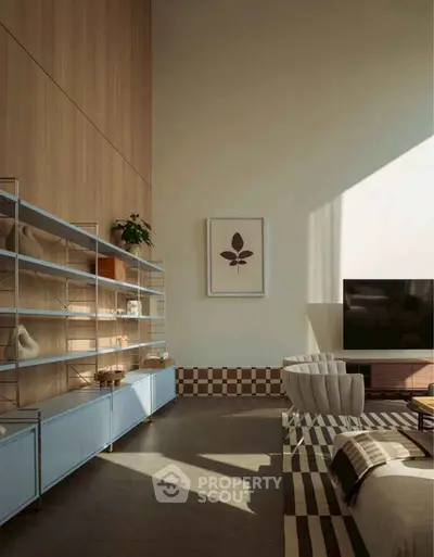 Spacious modern living room with high ceilings and stylish decor