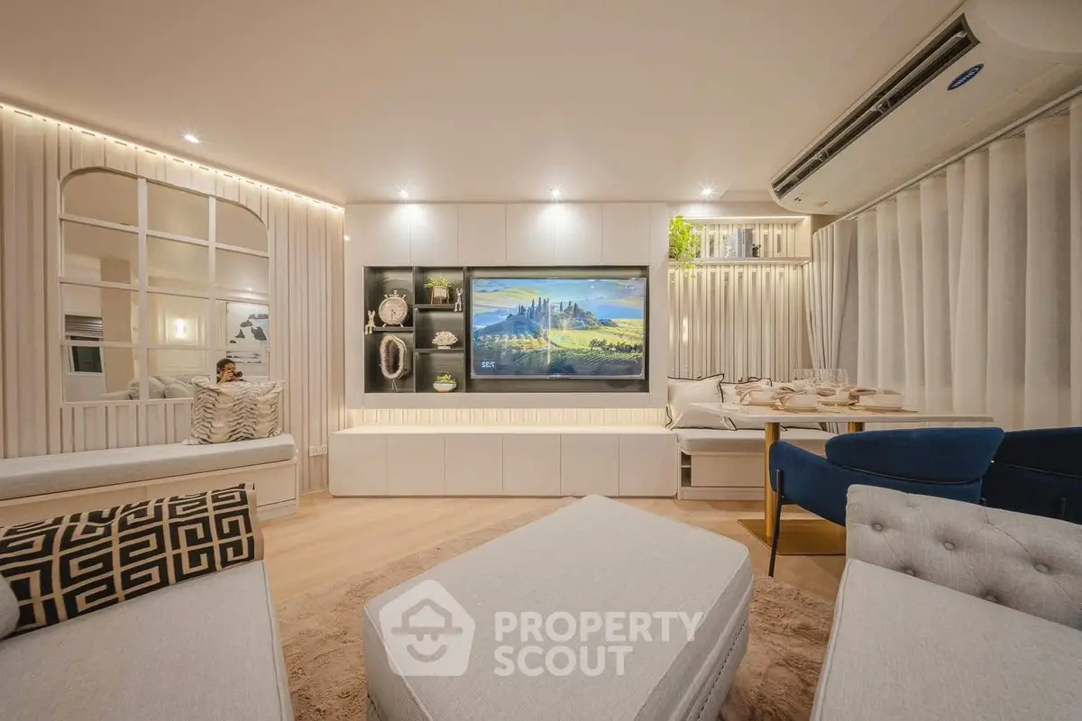 Luxurious modern living room with elegant decor and ambient lighting
