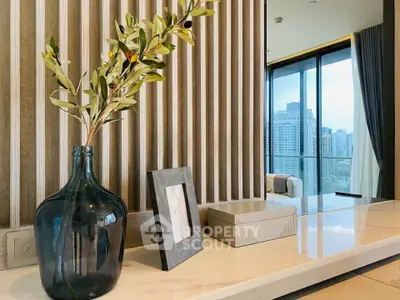 Luxurious modern living room with city view and elegant decor