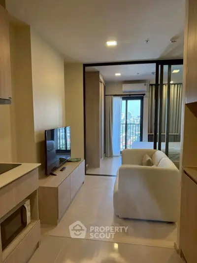 Modern apartment interior with open layout and city view