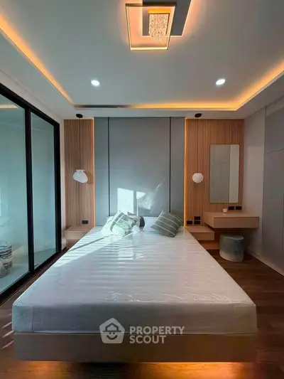 Modern bedroom with sleek design, ambient lighting, and stylish decor for ultimate comfort and relaxation.