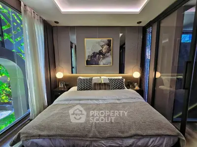 Luxurious modern bedroom with elegant decor and ambient lighting