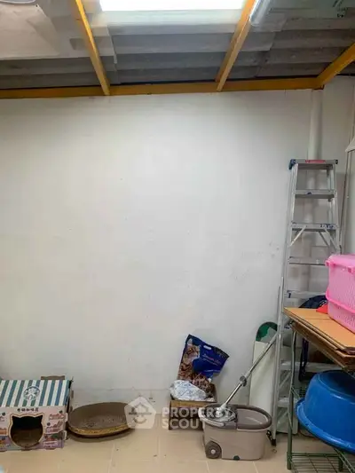Spacious storage room with pet supplies and ladder, ideal for organizing household items.