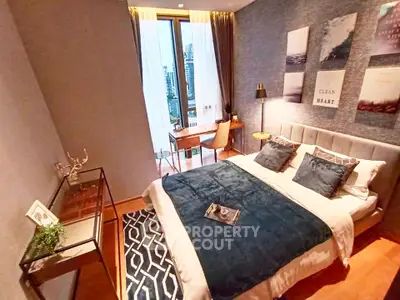 Luxurious bedroom with city view, elegant decor, and stylish furnishings for modern living.