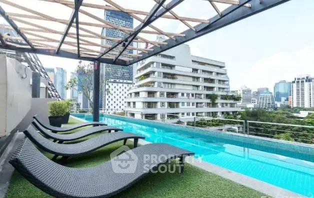 Luxurious rooftop pool with city skyline view and modern lounge chairs.