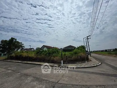 Vacant corner lot with potential for development under a picturesque sky.