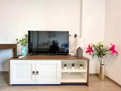 Modern living room with stylish TV stand and decorative plants