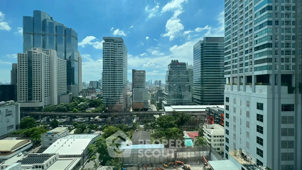 Stunning cityscape view showcasing modern high-rise buildings under a clear blue sky.