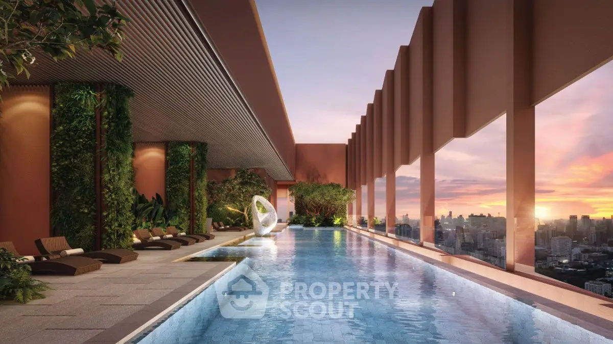 Luxurious rooftop pool with stunning city skyline view at sunset, perfect for relaxation and entertainment.