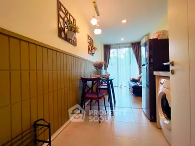 Charming apartment interior with cozy dining area and modern appliances