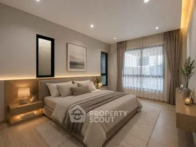 Luxurious modern bedroom with elegant decor and large window for natural light.