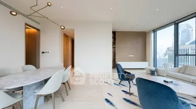 Luxurious modern living room with city view, elegant furniture, and stylish lighting in a high-rise apartment.