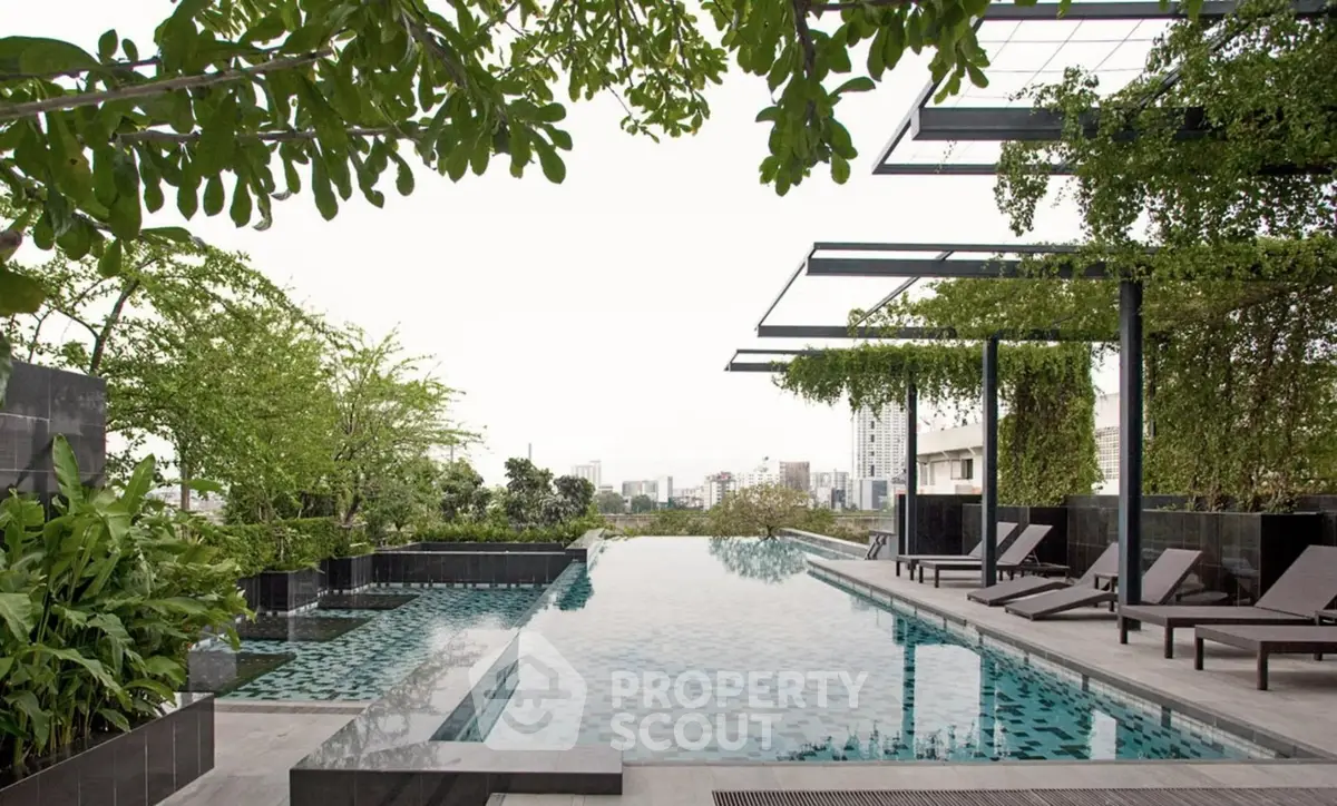 Luxurious rooftop pool with city skyline view and modern lounge chairs