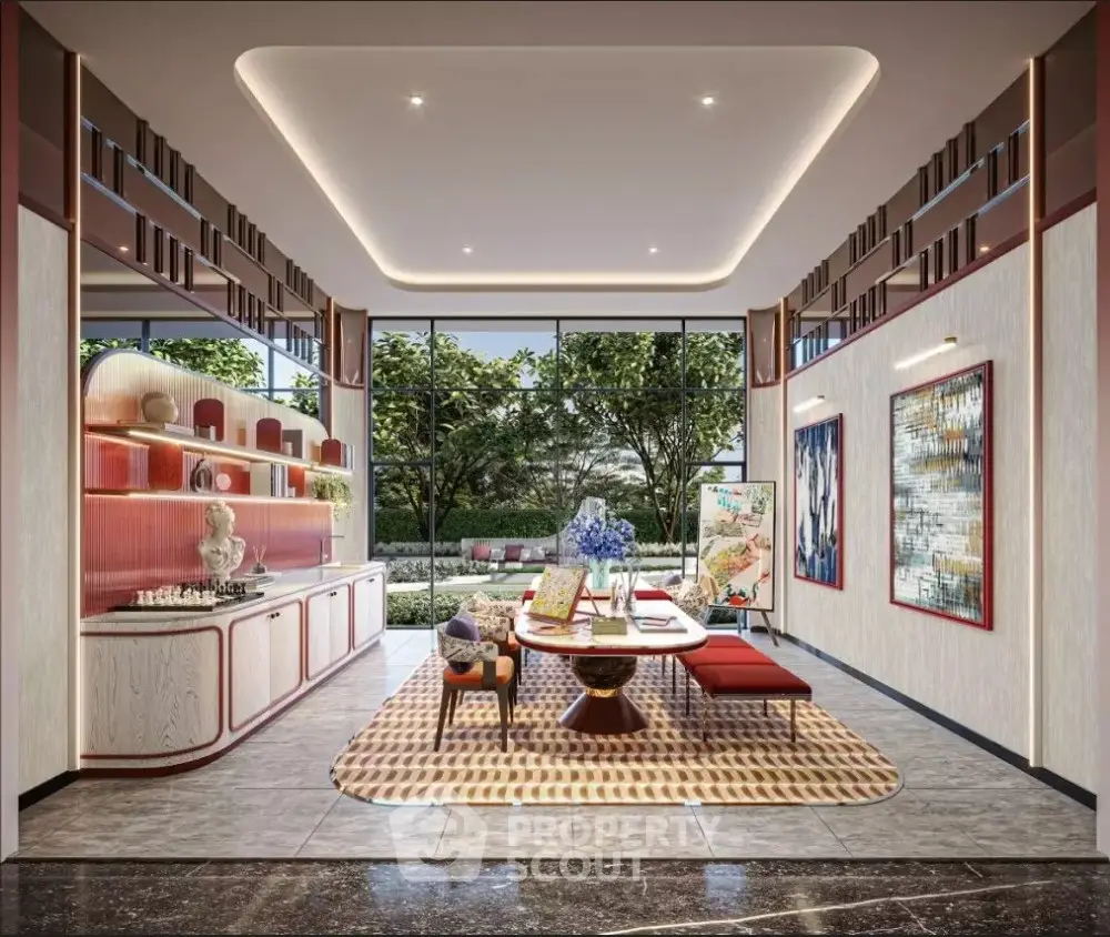 Luxurious modern interior with elegant decor and large windows overlooking lush greenery.