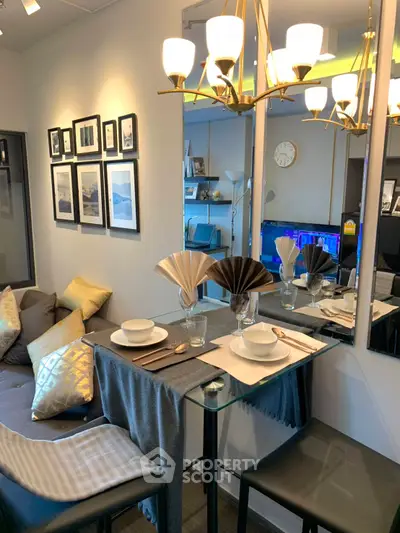 Stylish modern living room with elegant dining setup and chic decor