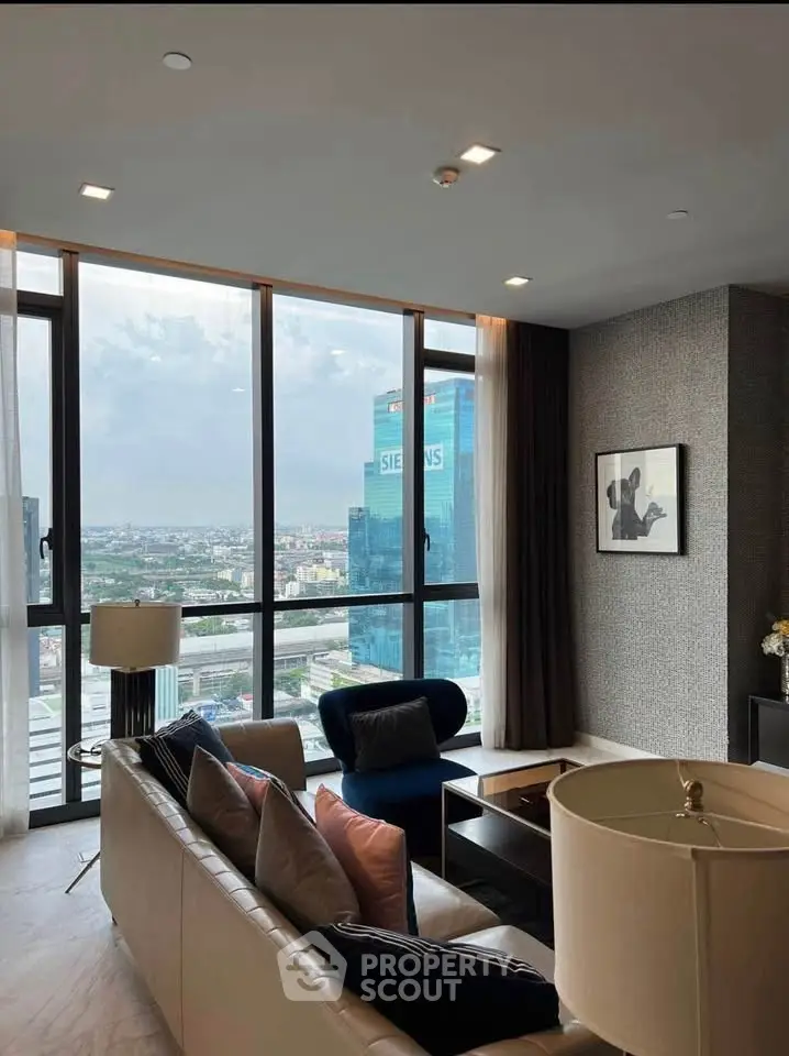 Luxurious living room with stunning city view and modern decor