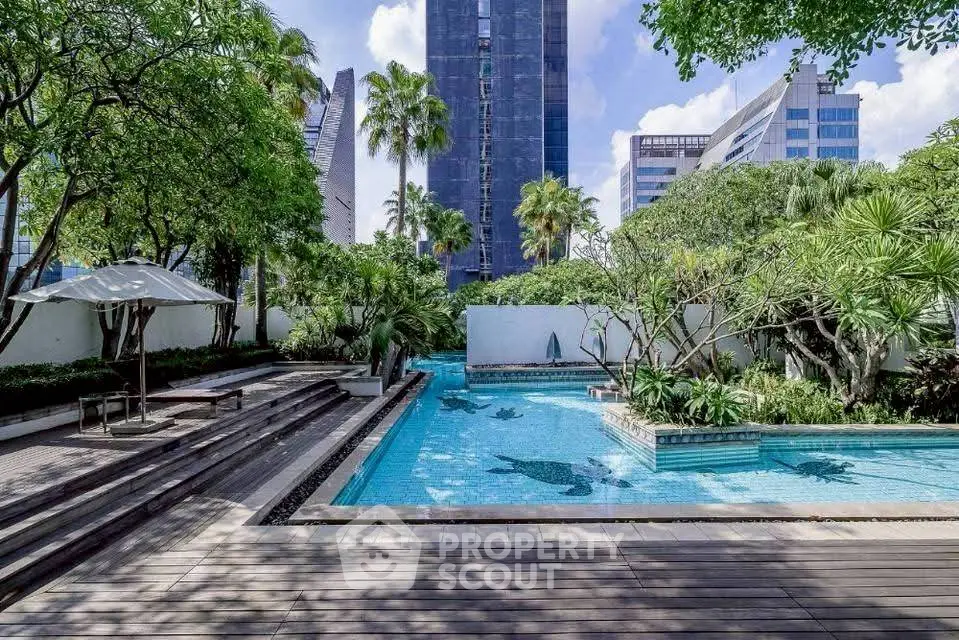 Luxurious urban pool surrounded by lush greenery and modern skyscrapers.