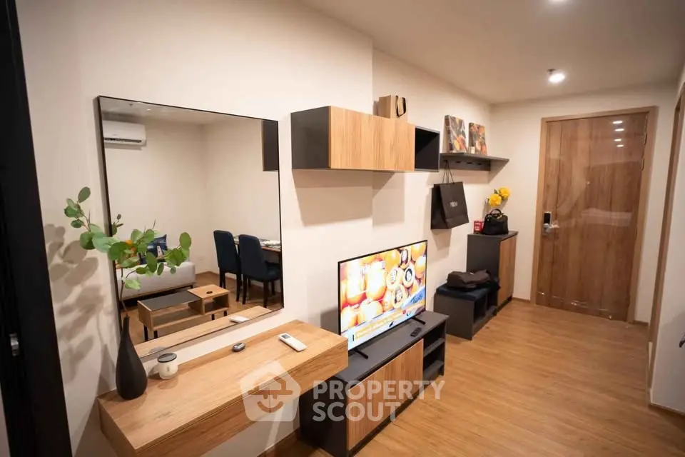 Modern living room with stylish wooden furniture and sleek decor