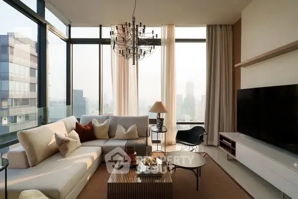 Luxurious modern living room with panoramic city views and elegant decor.