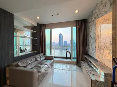Luxurious living room with stunning river view and elegant marble accents