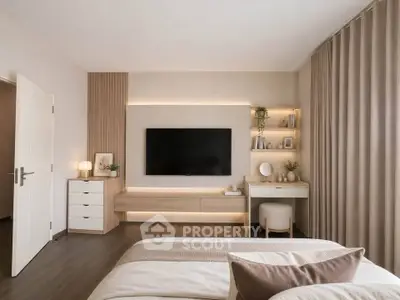 Modern bedroom with sleek design, featuring a wall-mounted TV, stylish desk, and cozy bed.