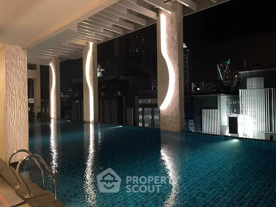 Luxurious rooftop pool with stunning city skyline view at night, perfect for relaxation and entertainment.