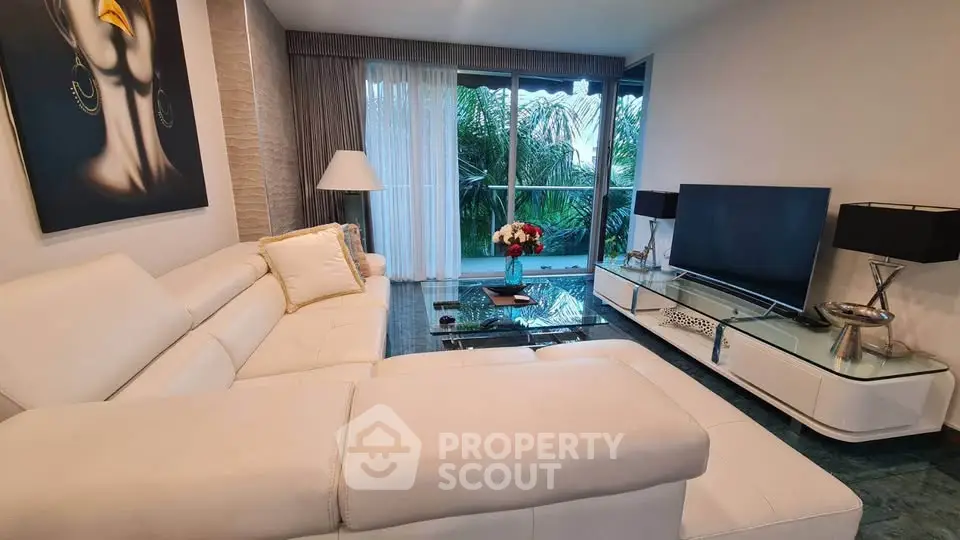 Luxurious living room with white leather sofa and modern decor