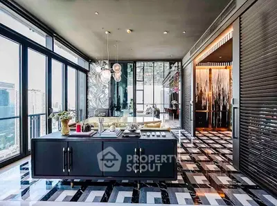 Luxurious modern living room with panoramic city views and stylish decor