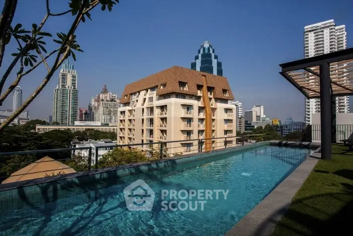 Luxurious rooftop pool with stunning city skyline views in a modern urban setting.