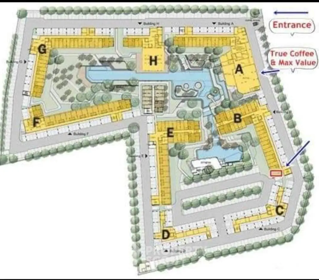 Detailed schematic plan of a residential complex with labeled buildings and amenities.