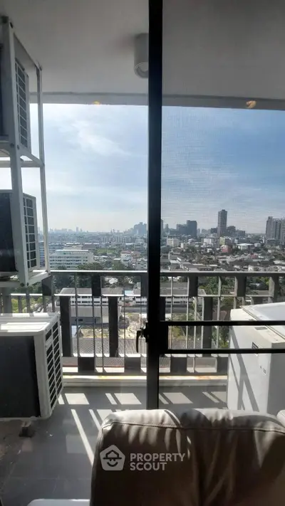 Stunning city view from modern balcony with air conditioning units