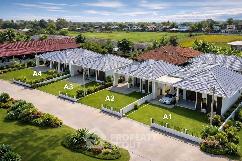 Modern suburban homes with manicured lawns and driveways in a serene neighborhood setting.