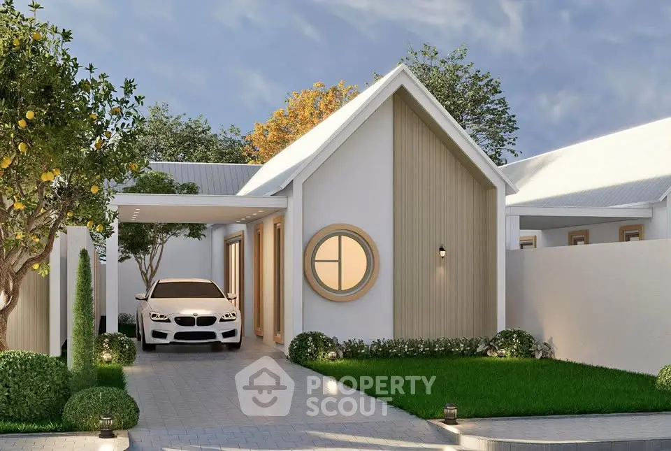 Charming modern house with sleek carport and lush garden