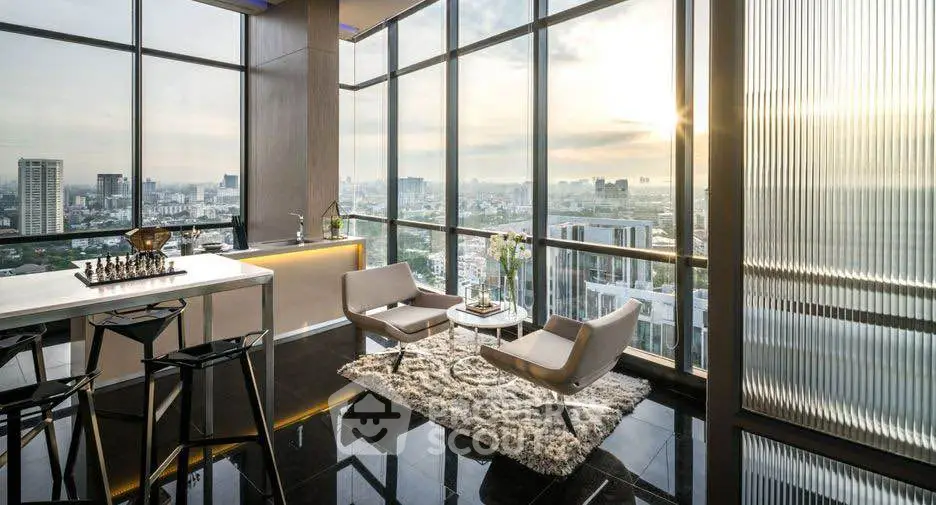 Luxurious high-rise living room with panoramic city views and modern decor