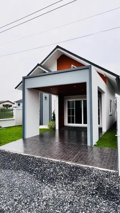 Modern single-story house with sleek design and spacious driveway