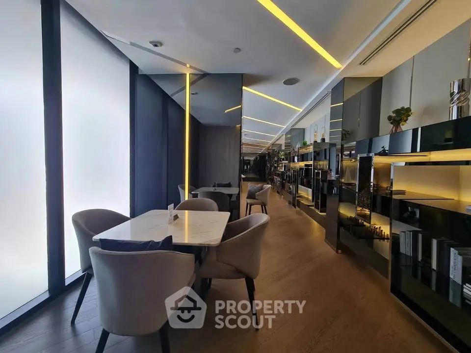 Luxurious modern dining area with sleek design and ambient lighting