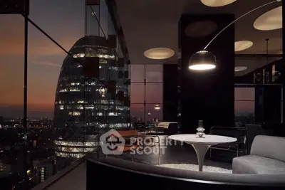 Luxurious modern living room with stunning city view and elegant furnishings.