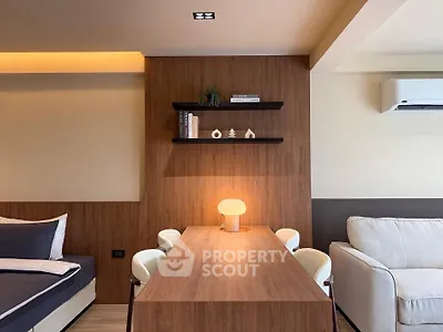 Modern living room with stylish wooden decor and cozy lighting
