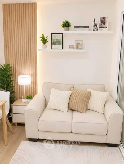 Chic modern living room with cozy beige sofa, stylish decor, and ambient lighting for a welcoming atmosphere.