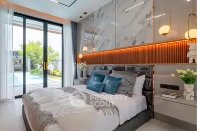 Luxurious bedroom with pool view, modern decor, and elegant lighting in a high-end property.